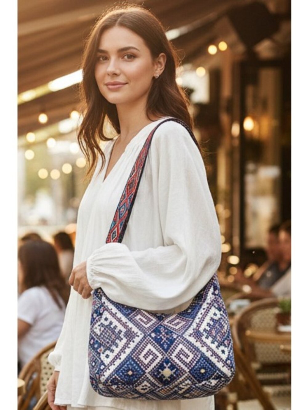 Woven Tapestry Geometric Hobo Convertible Guitar Strap Crossbody Shoulder Bag